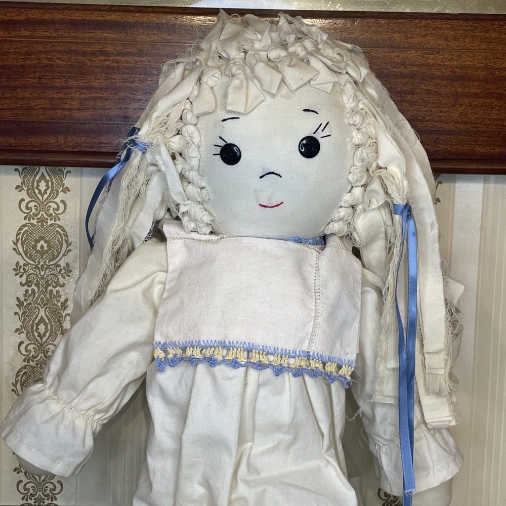 Vintage Handmade Rag Doll Rag Hair Crochet Dress Button Eyes